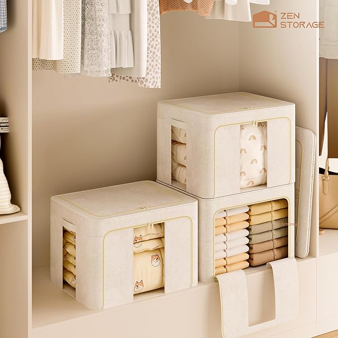 3Pack 60L Large Cloth Storage Bins with Metal Frame, Linen Storage Box with Clear Window, Stackable Sweater Storage for Closet, Clothes Containers for Comforters, Blankets, Quilts, T-shirt-NeatNest