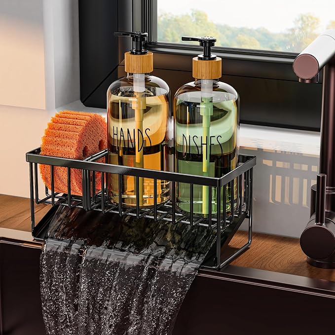 Cisily Dish Soap Dispenser, 16 fl Oz Dual Kitchen Soap Dispensers with Sponge Holder, Customized Stainless Steel Kitchen Soap Dispenser Set, Modern Hand and Dish Soap Bottle Set Removable-NeatNest