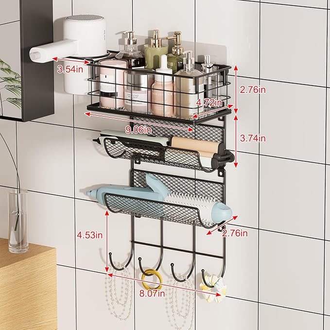 4 tiers Hair Dryer Holder Styling Tool Organizer Wall-Mounted Storage Wire Basket with Hook Heat Safe Rack for Hair-Straighteners,Curling Wands,Flat Iron,Perfume,Cabinet Door Bathroom