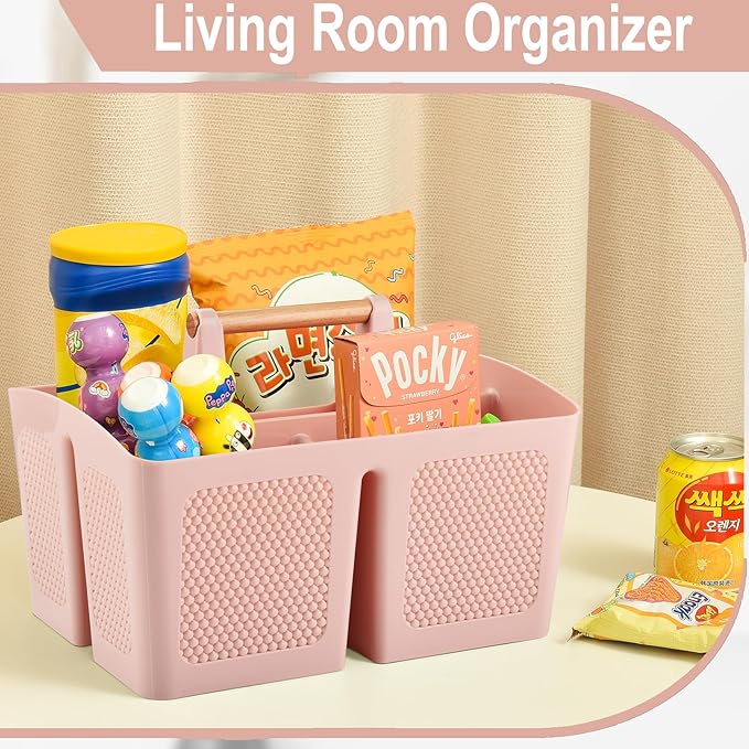 Haundry Plastic Pink Shower Caddy Basket with 3 Compartments, Portable Divided Bathroom Cleaning Caddy Organizer Storage Tote with Handle for Dorm, College, Room Essentials