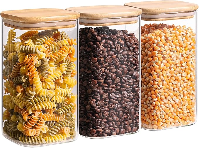 ComSaf 1.4 Qt Glass Storage Containers with Lids, Glass Jars with Lids, Clear Food Storage Jar, Square Canister Set of 3, Pantry Organizers and Storage for Flour Oat Pasta Tea Cookie Coffee Bean-NeatNest