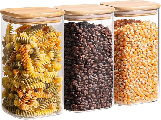 ComSaf 1.4 Qt Glass Storage Containers with Lids, Glass Jars with Lids, Clear Food Storage Jar, Square Canister Set of 3, Pantry Organizers and Storage for Flour Oat Pasta Tea Cookie Coffee Bean-NeatNest
