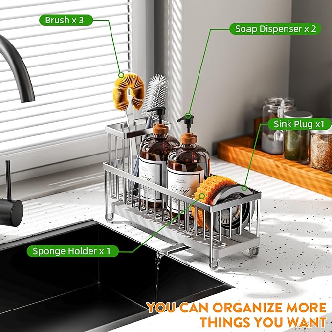 Cisily Extra Large Silver Sponge Holder for Kitchen Sink, Sink Caddy Organizer with High Brush Holder, Kitchen Countertop Organizers and Storage Essentials, Rustproof 304 Stainless Steel-NeatNest