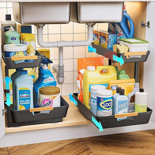 Under Sink Organizer, 2 Tier Adjustable Height Under Sink Organizers and Storage, L-Shaped Slide Out Pull Out Cabinet Organizers for Bathroom Kitchen Pantry (2 Pack, Black)-NeatNest