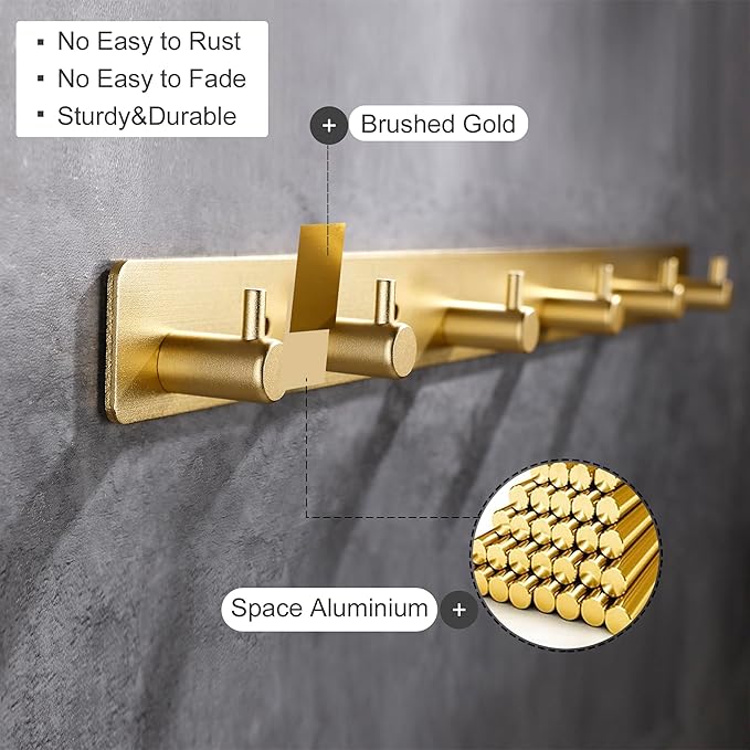 Gold Wall Hooks, Brushed Gold Bathroom Hook Rail, Self Adhesive 6 Hooks Key Hook Rack Hanger Towel Robe Stick Hooks for Toilet Entryway Hallway Kitchen Wall Mounted