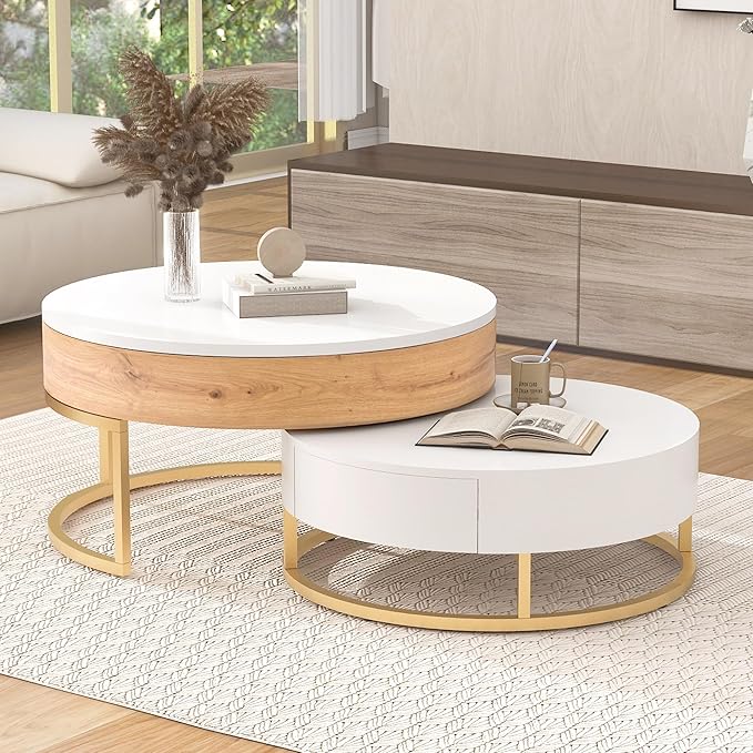 Modern Round Lift-top Nesting Coffee Tables with 2 Drawers White & Natural