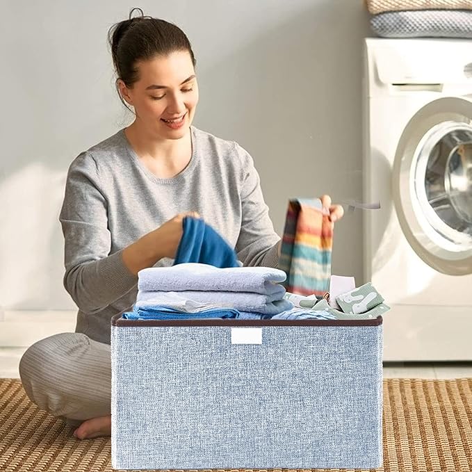 Foldable Storage Bins with Lids, Decorative Storage Baskets, Large Storage Boxes for Home, Office, Bedroom, Closet, Blue, Medium, 4 Pack 14.6 x 9.5 x 9.5”-NeatNest
