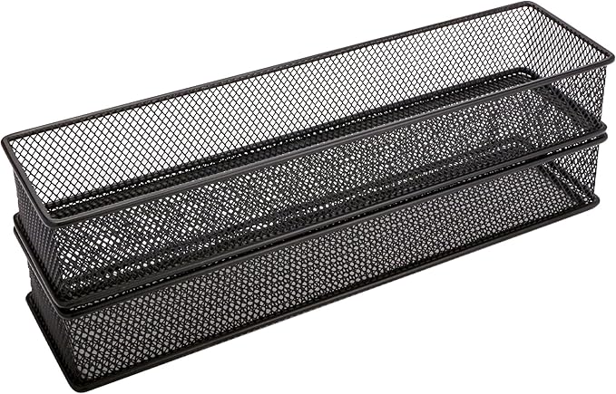 Annova Mesh Stackable Drawer Cabinet and Shelf Organizer Bins Storage Basket School Office Supply Holder Tray- Set of 2 (Black, 3x12x2 Inch)-NeatNest