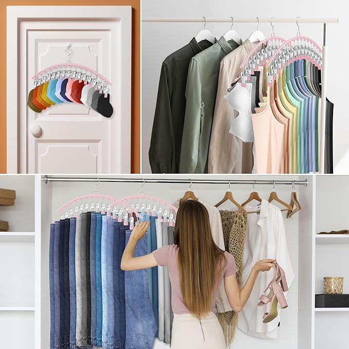 3 Pack Legging Organizer for Closet Hanging, Pants Hangers with 15 Clips Holds 45 Leggings, Shorts, Skirts, Jeans, Hats, Pants Hangers Space Saving Clothes Racks Closet Organizers and Storage, Pink-NeatNest