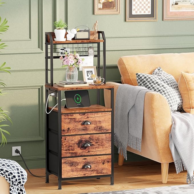 Furologee 44'' Tall Nightstand with Charging Station, Bedside Table with LED Lights, End Table with 3 Drawers and Storage Shelves, Night Stand with Pegboard for Bedroom, Rustic Brown