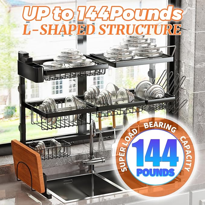 Over Sink Dish Drying Rack (Expandable Height/Length) (31-39.5L x 12W x 34-38H inches) Snap-On Design Large Dish Drainer Storage Counter Organizer