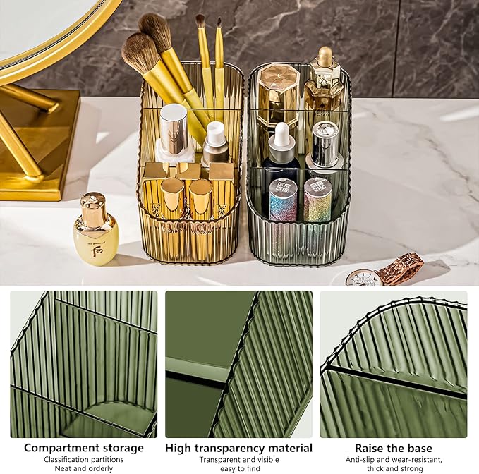 DASITON Large Capacity Makeup Brush Holder,3 Slot Makeup Brush Cup,Vintage striped Make Up Brush Holder,for Vanity Decor,Bathroom Countertops,Desk Storage Container,Cosmetic Display cases(Green-S)-NeatNest