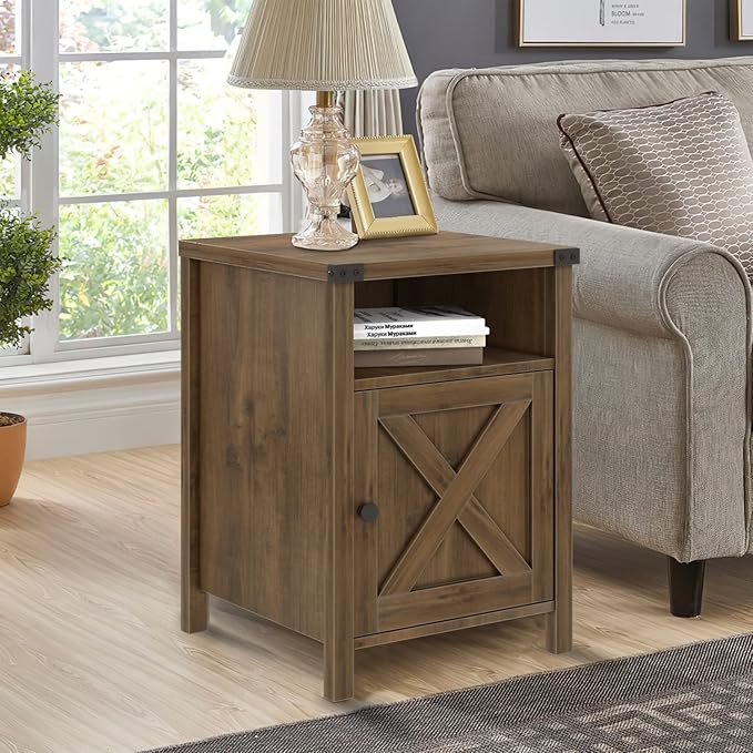 Catrimown Farmhouse, End Table, Nightstand, Side Table, Set of 2 End Table with Barn Door and Shelf, Rustic Oak Nightstand Set of 2, Bed Side Table End Tables for Living Room, Bedroom Room, Oak-NeatNest