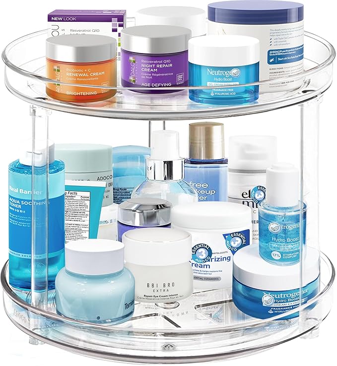 2 Tier Lazy Susan, 10.6 Inch Clear Makeup & Skincare Organizer, Bathroom Countertop Perfume Organizer-NeatNest