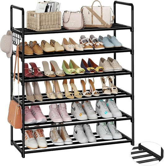 Metal Shoe Organizer,6 Tiers Shoe Storage Shoe Rack with Hooks,Fit 24-30 Pairs,Adjustable Shoe Shelf for Entryway,Hallway,Bedroom,Metal Bottom Support-NeatNest