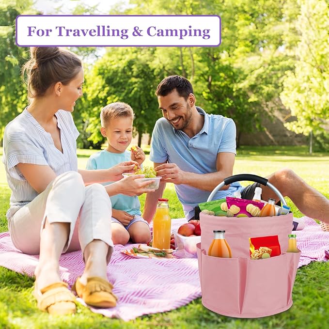 17L Portable Shower Caddy with 6 Side Pockets, Foldable Cleaning Supply Caddy with Handle, Garden Tool Bag in 600D Oxford Fabric, Multifunctional Storage Basket for Showers, Picnics, Pink-NeatNest