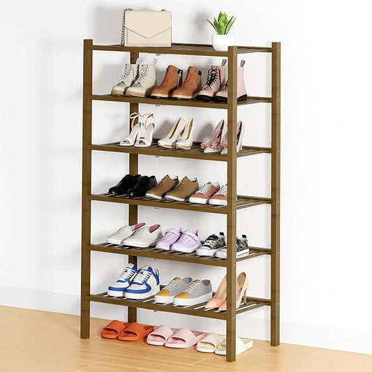 Smiry Shoe Rack, 6 Tier Thick Bamboo Shoe Organizer, Stackable Free Standing Wooden Shoe Storage Shelf for Closet, Entryway, Front Door Entrance, Walnut-NeatNest