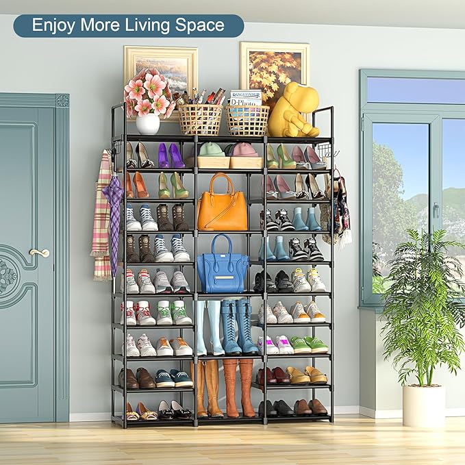 Kottwca 3 Row 10 Tier Large Shoe Rack Organizer for Closet Entryway, 60-65 Pair Shoe Boot Storage Rack, Metal Shoe Shelf Tall Vertical Stackable Shoe Stand for Bedroom Corner-NeatNest