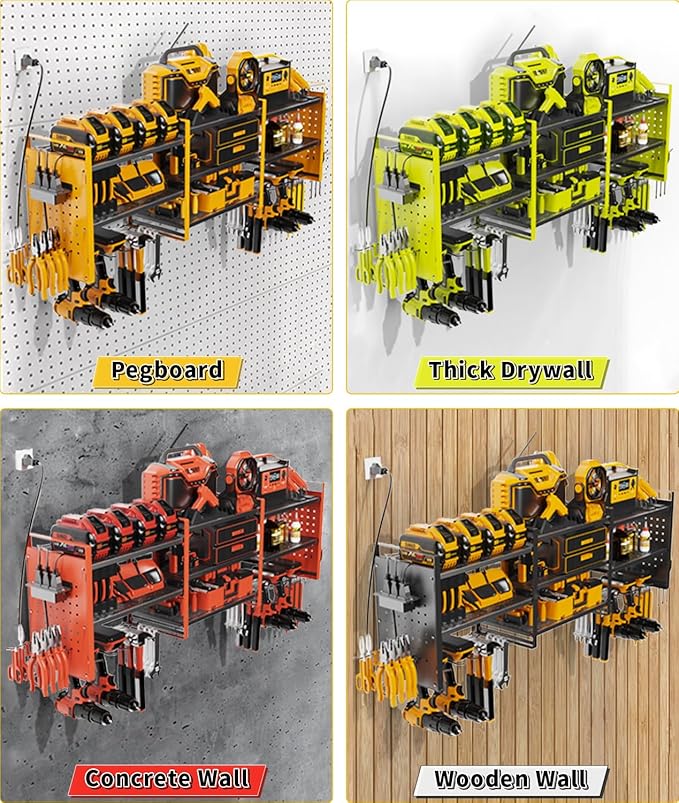 Heavy-Duty 48" Wall Mount Power Tool Organizer with Charging Station – 3-Tier Garage Organization Rack for Drills, Wrenches & Tools – Includes 16 Hooks & Pegboard Sides