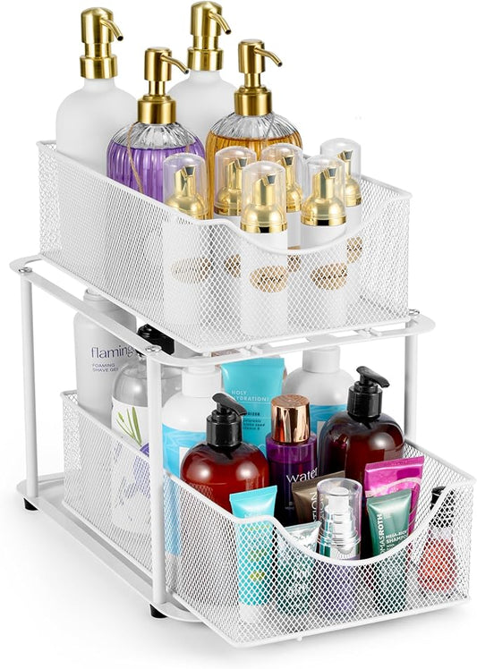 Sorbus 2 Tier Under Sink Bathroom Organizers and Storage, Strong Steel Mesh Sliding Drawers for Enhanced Bathroom Storage Ideal Bathroom Organization and Storage & Under Kitchen Sink Organizer (White)-NeatNest