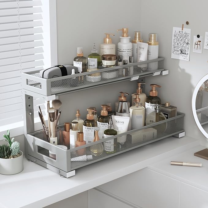 2 Pack 19IN Depth Under Sink Storage Organizer, Large 2-Tier Elegant Mesh Pull Out Shelf for Kitchen and Bathroom Cabinet Organization, L-Shaped and Adjustable Height Design-Gun Gray-NeatNest