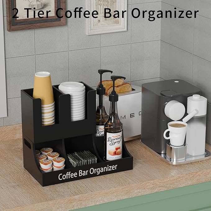 Coffee Station Organizer, Wooden Coffee Bar Organizer for Countertop, Condiment and Cup Storage Organizer, Bar Accessories for Kitchen, Office, Home, Small Black-NeatNest