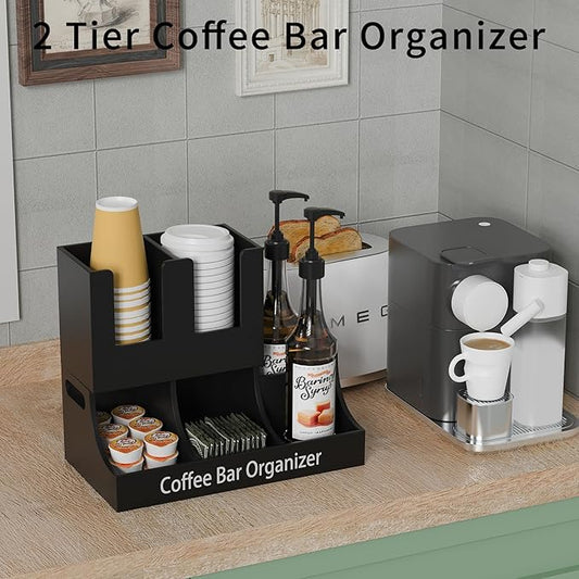 Coffee Station Organizer, Wooden Coffee Bar Organizer for Countertop, Condiment and Cup Storage Organizer, Bar Accessories for Kitchen, Office, Home, Small Black-NeatNest