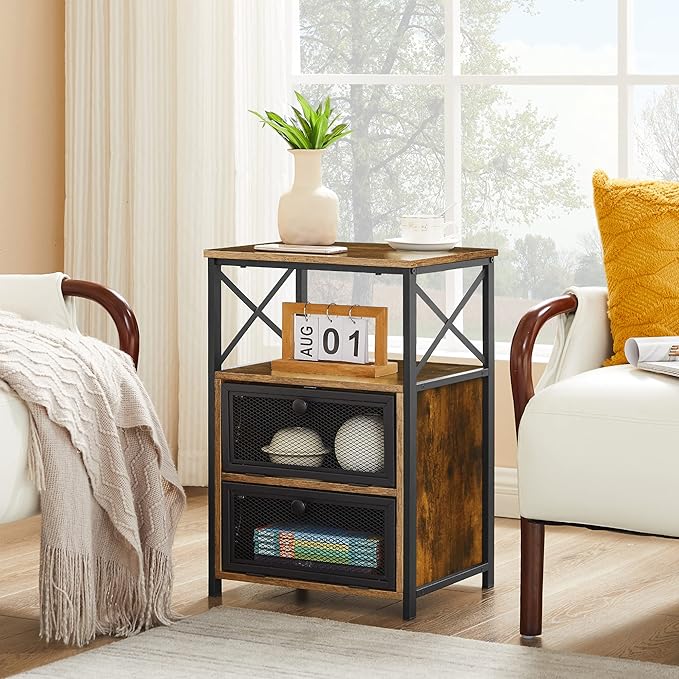 VECELO End Side Table, Modern Night Stand with Storage Space and Door, Set of 2 Nightstands for Living Room,Bedroom,Lounge,Antique Brown