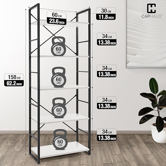 CAPHAUS 5 Tier Bookshelf, 24 Inch Width Free Standing Shelf, Bookcase Shelf Storage Organizer, Industrial Book Shelves for Home Office, Living Room, Kitchen, White Shelves & Metal Frame-NeatNest
