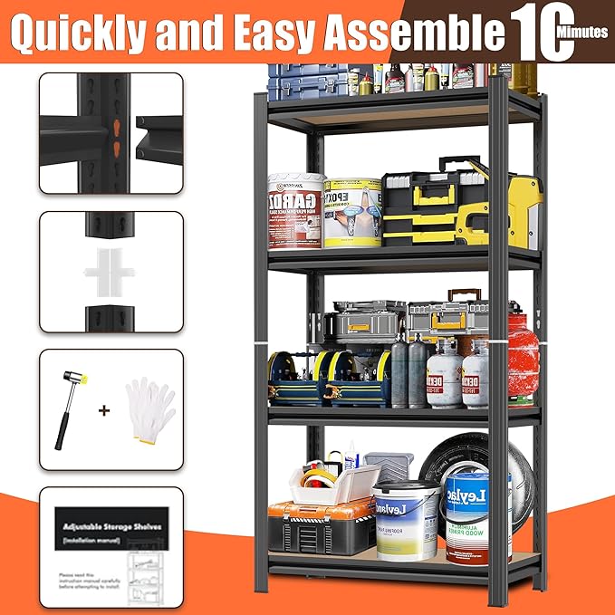 4 Tier Garage Shelving Wood Storage Shelves 4000 lb Load Capacity Adjustabl Shelf Units 45.6" H*23.6" W*11.8" D Metal Shelving Suitable for Basement Warehouse Pantry,Black