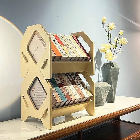 2 Pack Desktop Bookshelf, Stackable Book Organizer with Handle, Storage Rack for CD/Magazine/File Folder, Portable Small Bookshelf for Study, Living Room, Kid's Room, No Nails, Medium Size-NeatNest