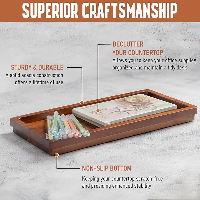 Demigo Acacia Wood Valet Tray & Catchall (11.9x6x1 inch) - Wooden Desk Organizer for Office Supplies, Keys, Wallet & Mail - Entryway & Nightstand Decor-NeatNest