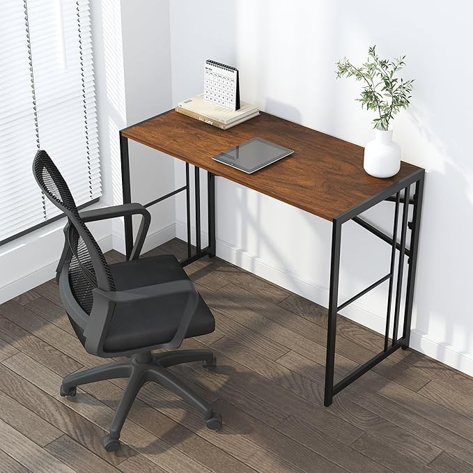 35 inch Folding Small Desk, Writing Gaming Computer Camping Desk for Small Spaces, No Assembly Required Home Office Table, Mahogany-NeatNest