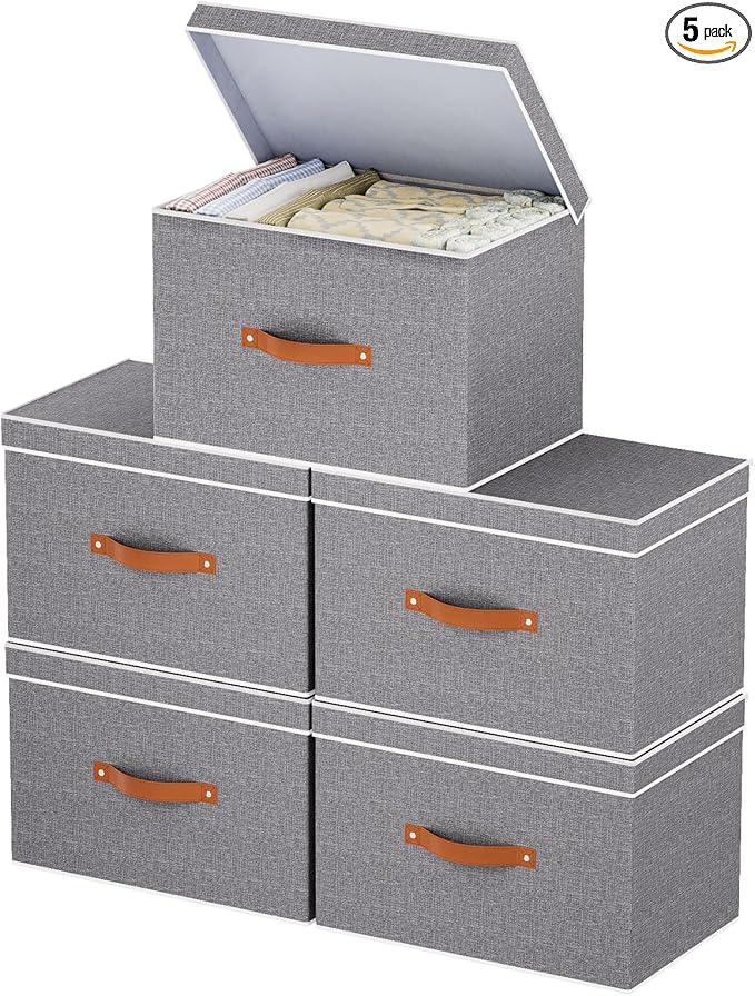 Collapsible Storage Bins with Lids, Linen Foldable Cloth Baskets, 17.7 x 11.8 x 11.8 Inch Closet Organizer Containers with Double Handles, Sweater Boxes for Bedroom, Grey, 5 Pack-NeatNest