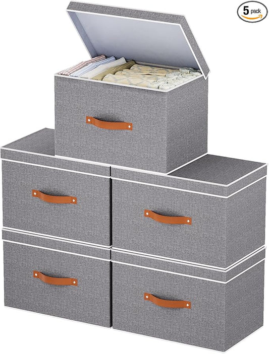 Collapsible Storage Bins with Lids, Linen Foldable Cloth Baskets, 17.7 x 11.8 x 11.8 Inch Closet Organizer Containers with Double Handles, Sweater Boxes for Bedroom, Grey, 5 Pack-NeatNest