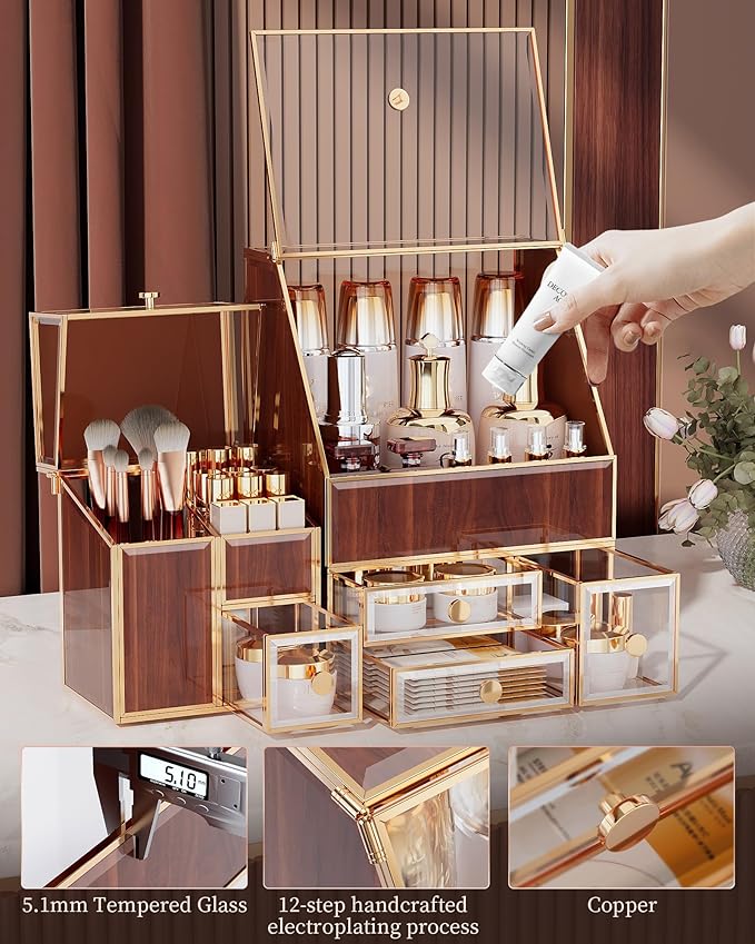 Glass Makeup Storage for Vanity and Bathroom Countertop – Large Cosmetic Display Case and Skincare Storage Solution