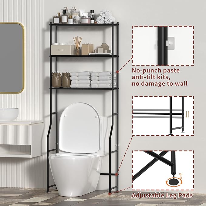 3-Tier Over The Toilet Storage, Freestanding Metal Bathroom Shelves, Space Saver Above The Over Toilet Storage Shelf for Bathroom, Black-NeatNest