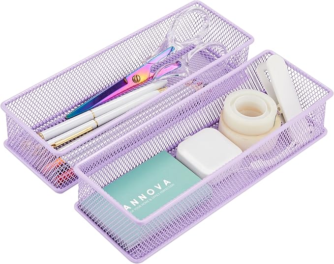 Annova Mesh Stackable Drawer Cabinet and Shelf Organizer Bins Storage Basket School Office Supply Holder Tray- Set of 2 (Light Purple, 3x9x2 Inch)-NeatNest