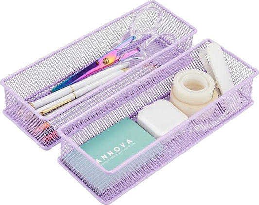 Annova Mesh Stackable Drawer Cabinet and Shelf Organizer Bins Storage Basket School Office Supply Holder Tray- Set of 2 (Light Purple, 3x9x2 Inch)-NeatNest