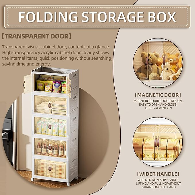 424 QT / 106 Gal Magnetic Door Storage Bins Collapsible Stackable w/1 Lid, Heavy Duty Plastic Cabinet with Wheels for Home Office Organization (White)-NeatNest