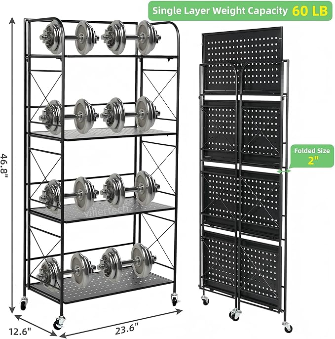 Foldable 4-Tier Metal Shelf with Wheels - Folding Bookshelf Unit for Living Room, Kitchen, Study 12.6" D x 23.6" W x 46.8" H, Matte Black