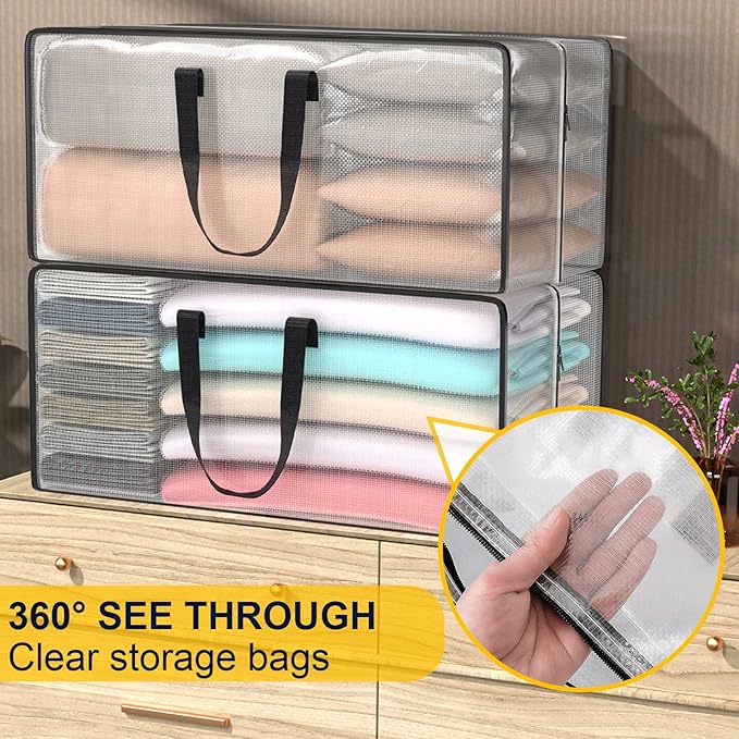Clear Storage Bags with Zipper, 2 Pack Large Moving Bags Heavy Duty Extra Large, Plastic Storage Totes for Clothes, College dorm Packing Bag with Strong Handles-NeatNest