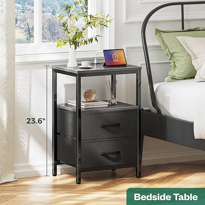 Huuger Nightstand with Charging Station, Side Table with Fabric Drawers, End Table with Open Shelf, Bedside Table with USB Ports and Outlets, Night Stand for Bedroom, Charcoal Gray