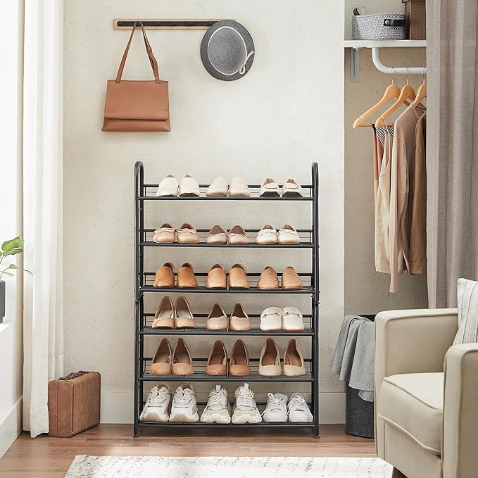 SONGMICS Shoe Rack, 3 Tier Shoe Organizer for Closet, Holds up to 12 Pairs of Shoes, Shoe Rack for Front Door Entrance, Metal Shoe Shelf with Adjustable Tilt Angle, for Entryway, Garage, Black-NeatNest
