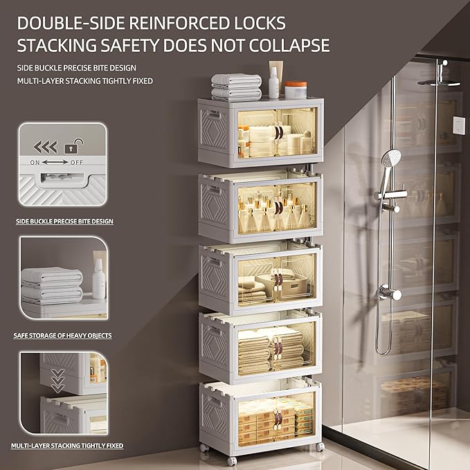 332 QT / 83 Gal White Storage Bins with 1 Lid - Collapsible Stackable Cabinet Organizer w/Wheels & Magnetic Doors, Plastic Storage Box for Office Closet Organization-NeatNest