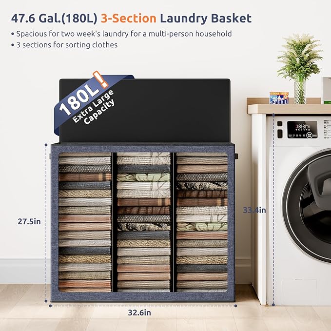 SOLEDI 180L 3-Section Laundry Hamper with Lid, Extra Large Dirty Clothes Basket with Sturdy Handles for Laundry Room & Bedroom - Durable Organizer for Sorting Laundry-NeatNest