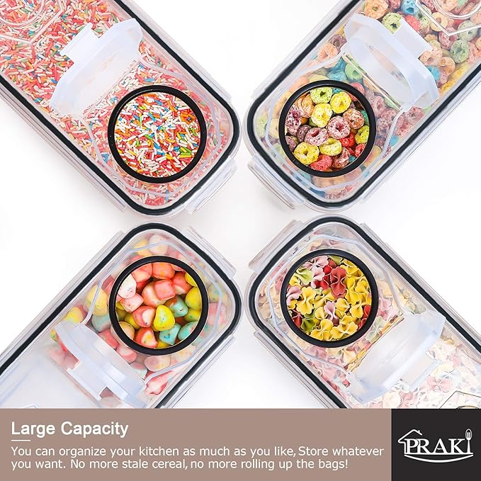PRAKI 5PCS Cereal Containers Storage Set, BPA Free Airtight Food Storage Container Set with Lids, Kitchen Pantry Organization and Storage for Sugar, Baking Supplies with 20 Labels & Mark(4L Black)-NeatNest