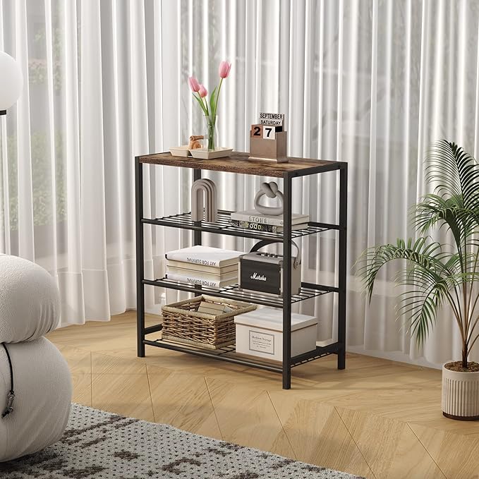 HOMEFORT 4-Tier Shoe Rack Organizer, Shoe Tower for Closet, Shoe Storage Shelf with MDF Top Board, Each Tier Fits 3 Pairs of Shoes, Entryway Shoes Organizer with Sturdy Metal Shelves, Rustic Brown-NeatNest