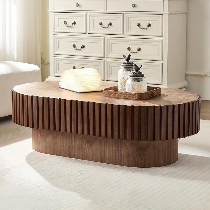 kevinplus 43.7'' Wood Coffee Table Modern Coffee Table for Living Room, Contemporary Circle Fluted Drum Pedestal Style, Easy Assembly, Walnut