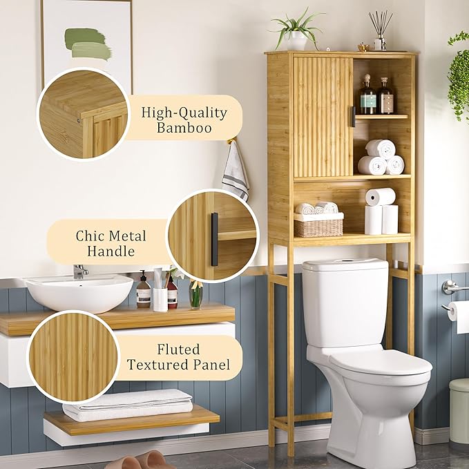 BlueWish Over The Toilet Storage Cabinet, Bamboo Over Toilet Storages with Fluted Door, Over The Toilet Cabinet Bathroom Organizer, Bathroom Shelf Over The Toilet, Storage Rack, Natural-NeatNest